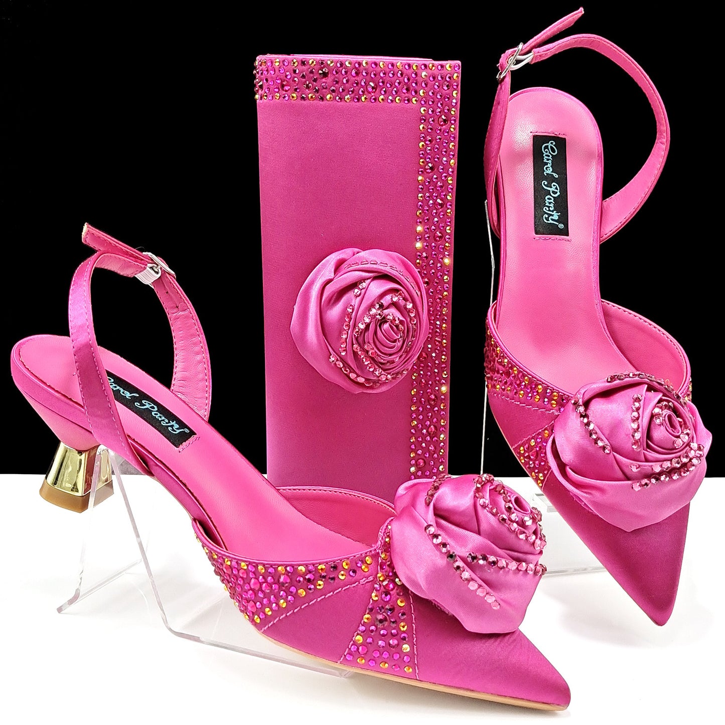 Women's Handmade Flower-Decorated Shoes and Bag Set – High-Temperature Rhinestone Satin High Heels