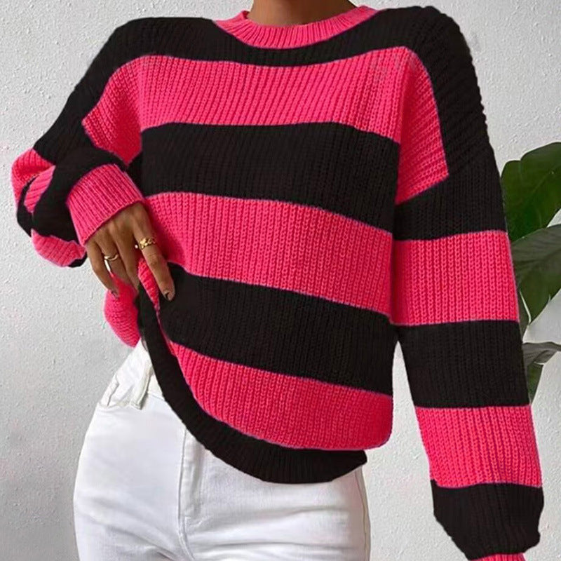 Women's Loose Fit Striped Sweater - Long Sleeve Pullover