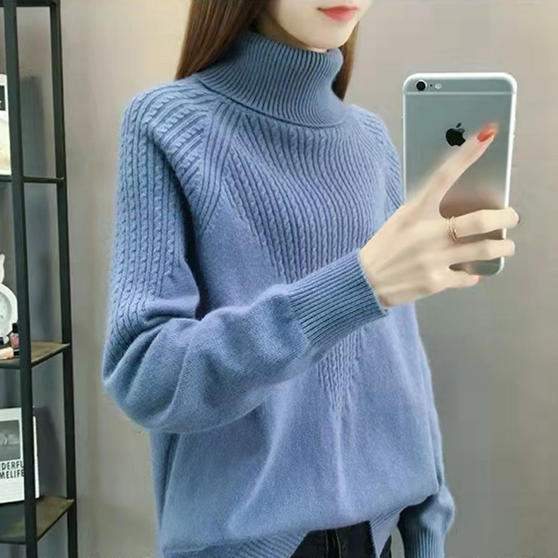 Women's Loose Fit Solid Color Twist Knit High Collar Sweater