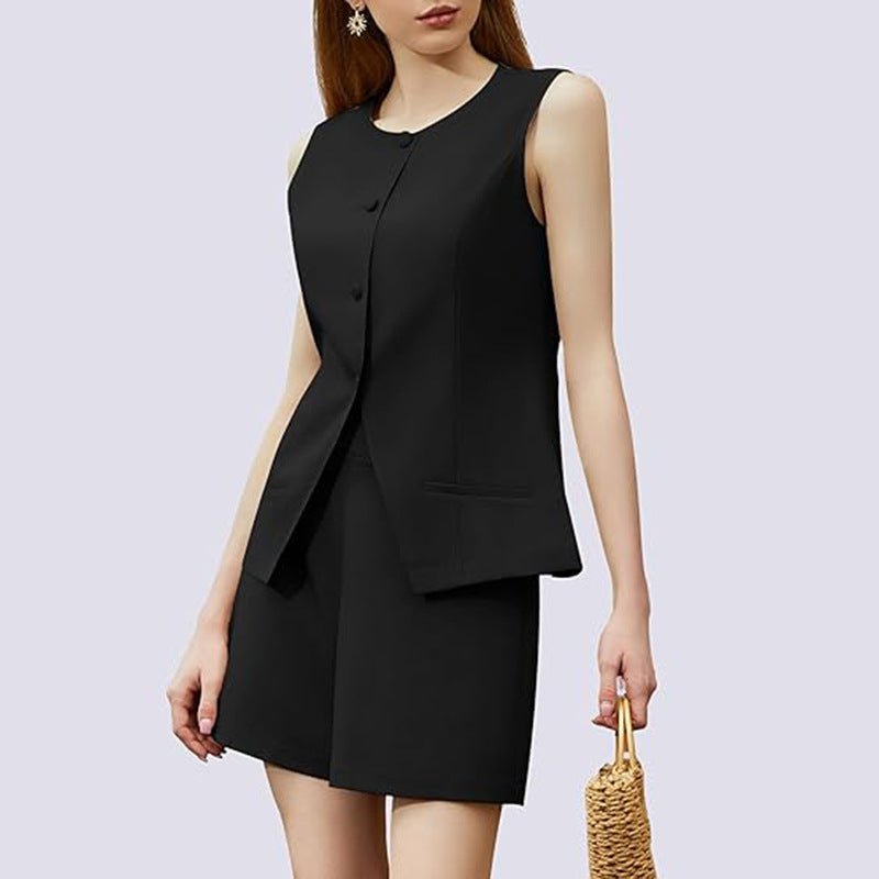 2-Piece Business Work Suit – Sleeveless Round Neck Top with Buttoned High-Waisted Trousers