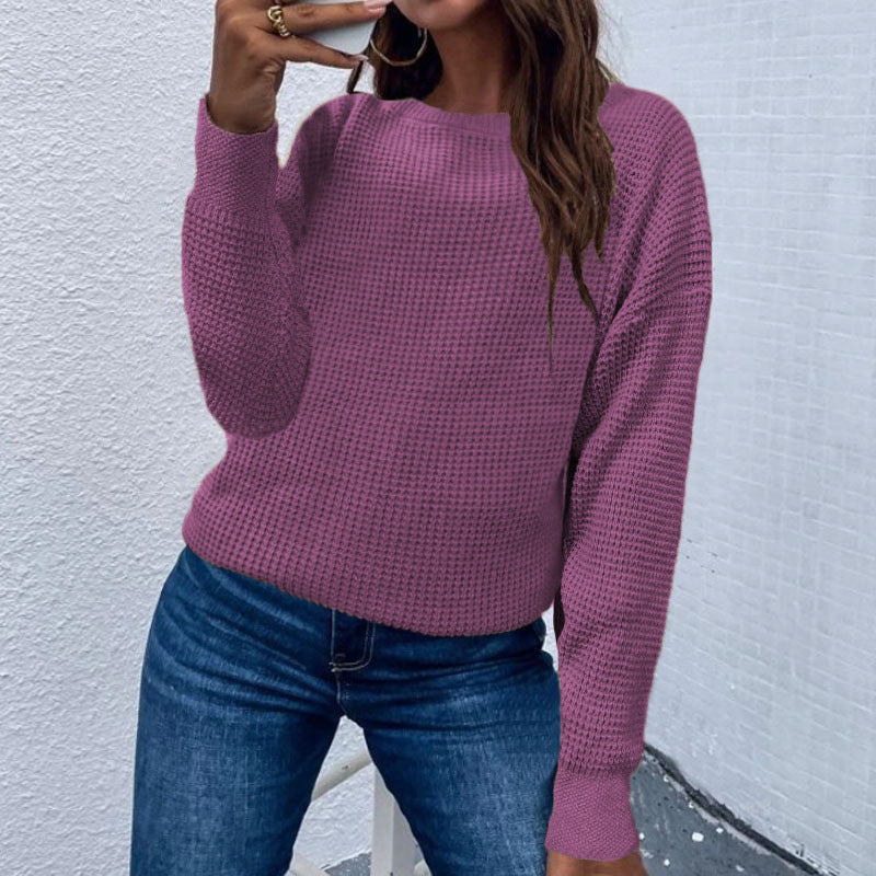 Solid Color Pullover Sweater – Knitted Top for Women, Comfortable and Versatile