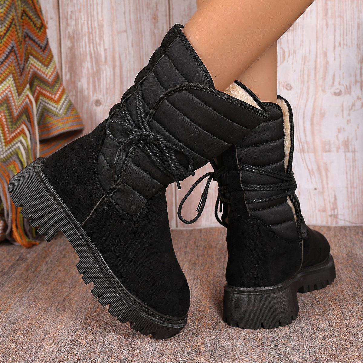 New Chunky Heel Mid-Tube Snow Boots for Women – Winter Warm Fleece Lined with Lace-Up Design