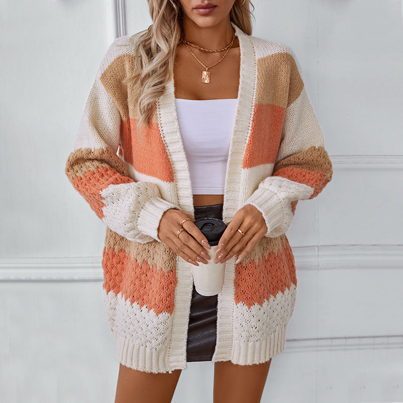 Women's European and American Style Drizzling Contrast Color Striped Sweater Cardigan