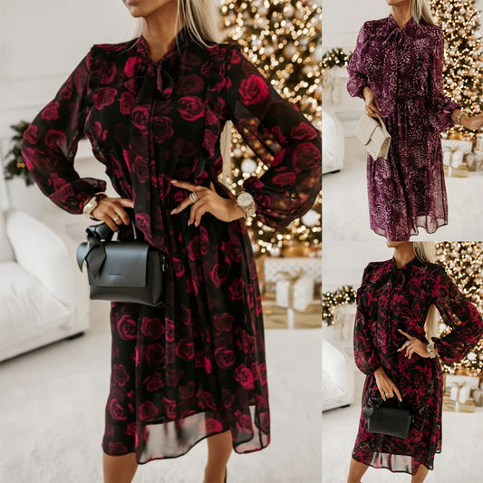 Women's Long Sleeve Bowknot Waist-Tie Dress