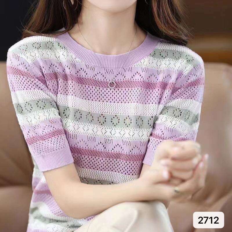 Color-Block Hollow-Out Loose Striped Top with Half Sleeves