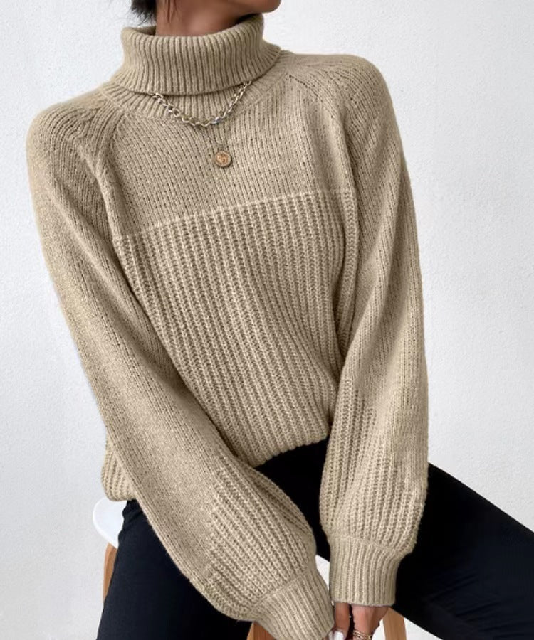 Women's Simple Lapel Raglan Sleeve Pullover Knitted Sweater