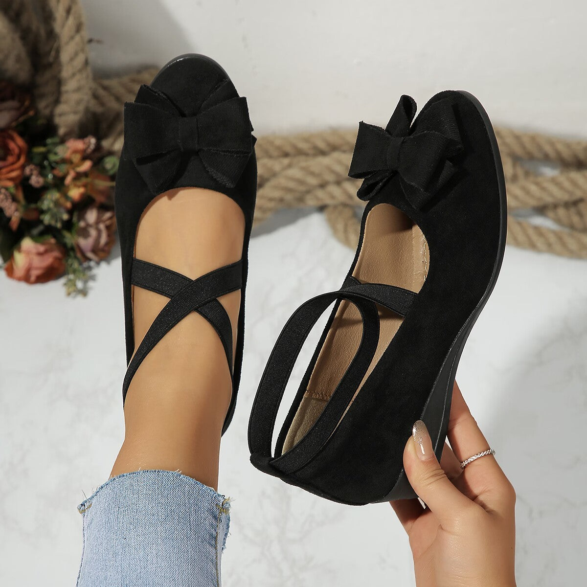 Suede Wedge Shoes with Bow and Cross Elastic Band – Oversized Design