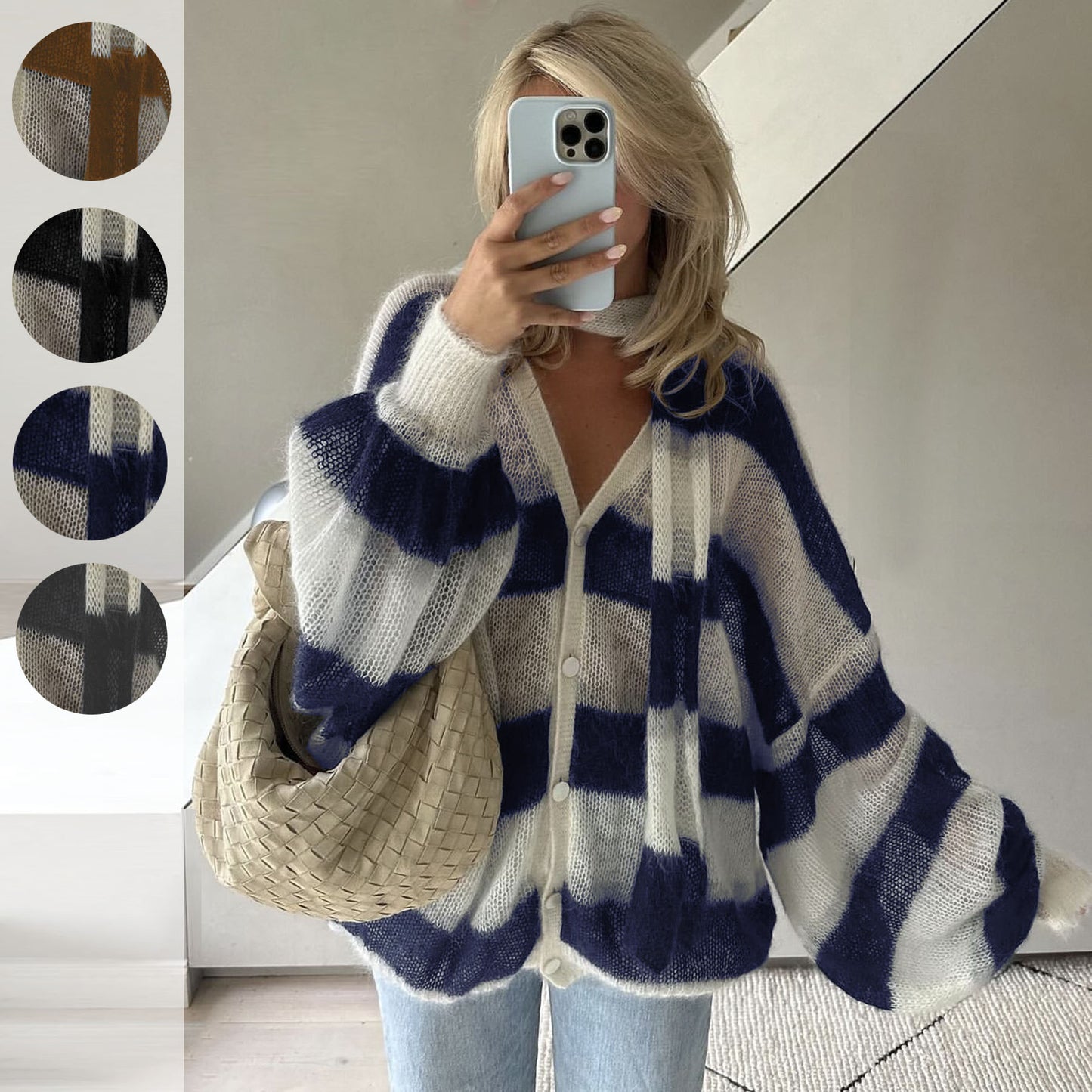 Loose and Casual Striped Sweater Cardigan with Scarf