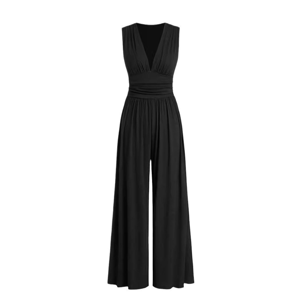 Women's Deep V-Neck Pleated Wide-Leg Jumpsuit with Stretch Body-Shaping Design