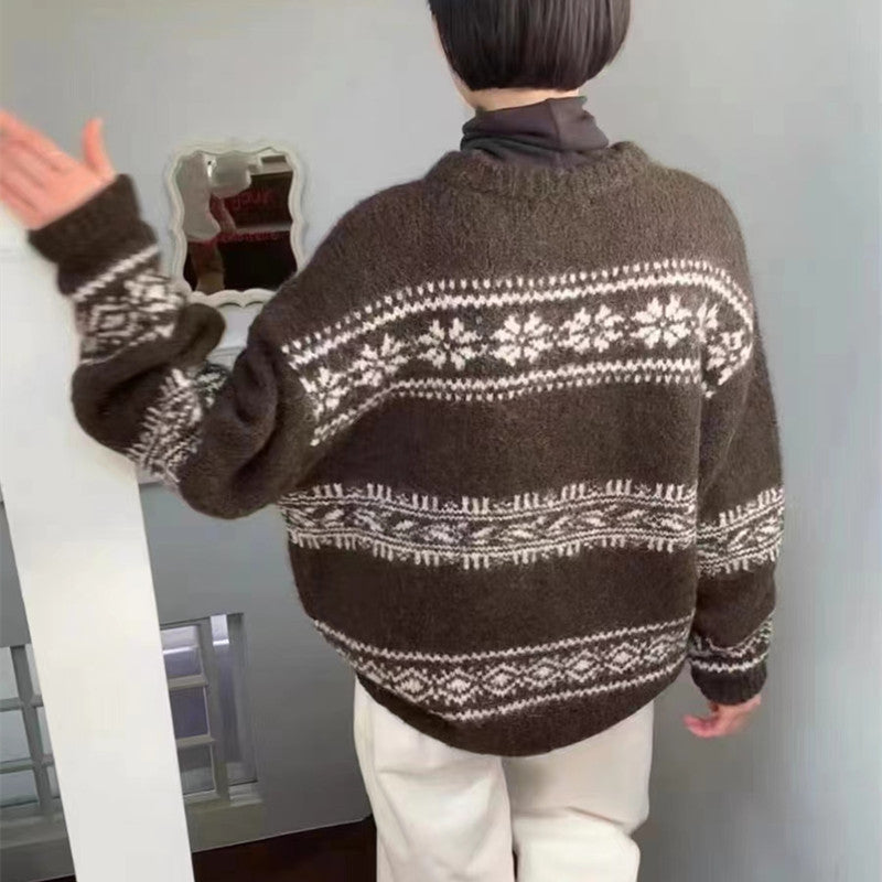 Loose And Thick Christmas Style Knitted Top Retro Round-neck Sweater