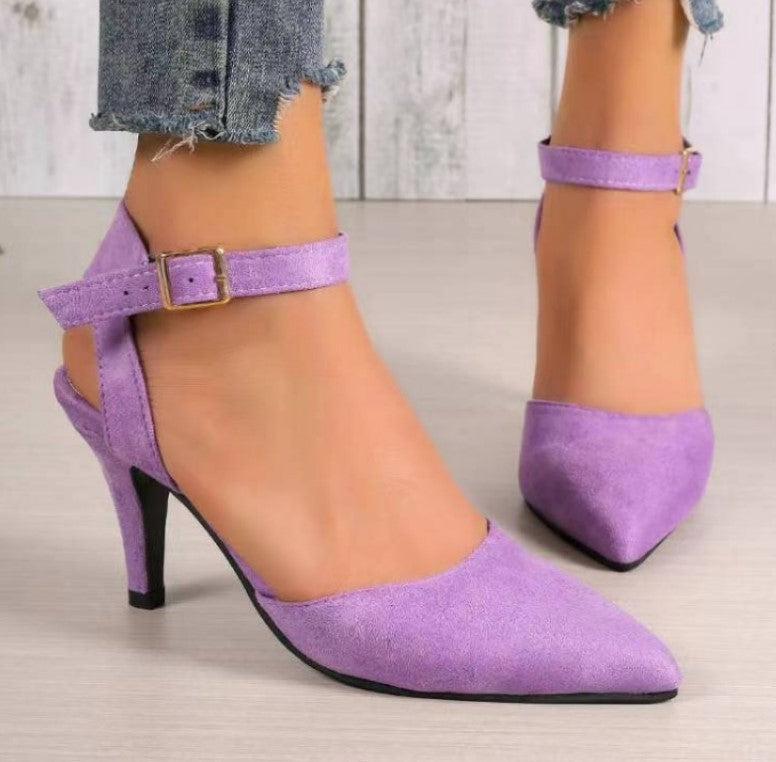 Fashionable Pointed-Toe High Heel Shoes with Square Buckle Detail