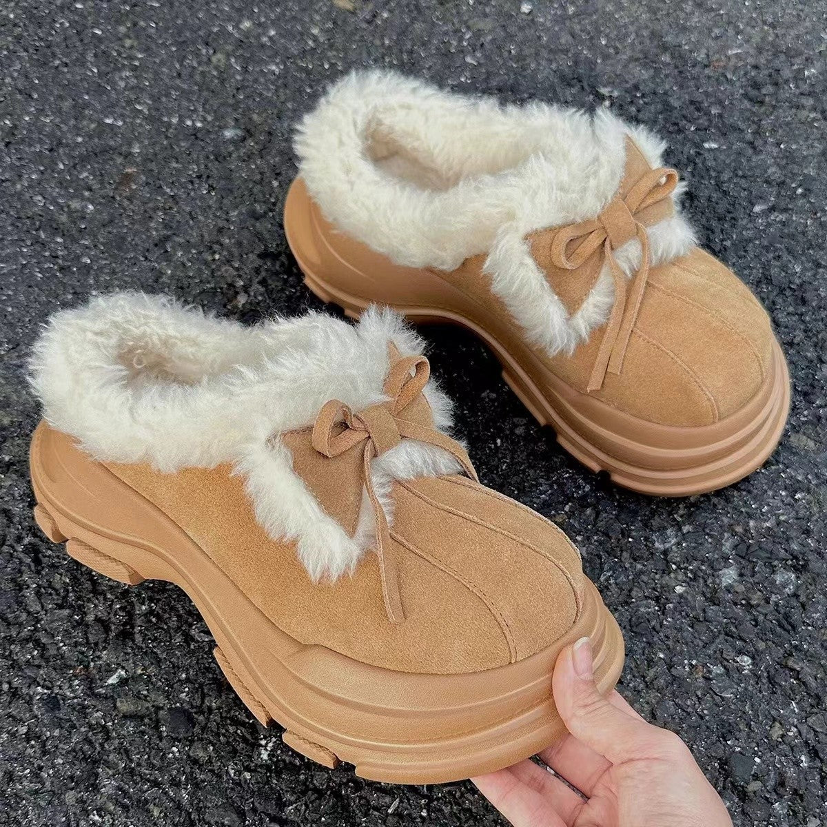 Fur-Integrated Platform Snow Boots for Women