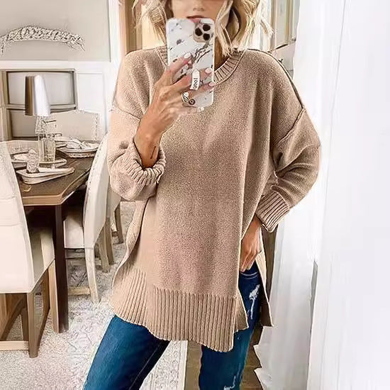 Women's Round Neck Sweater with Side Slits – Pullover Style