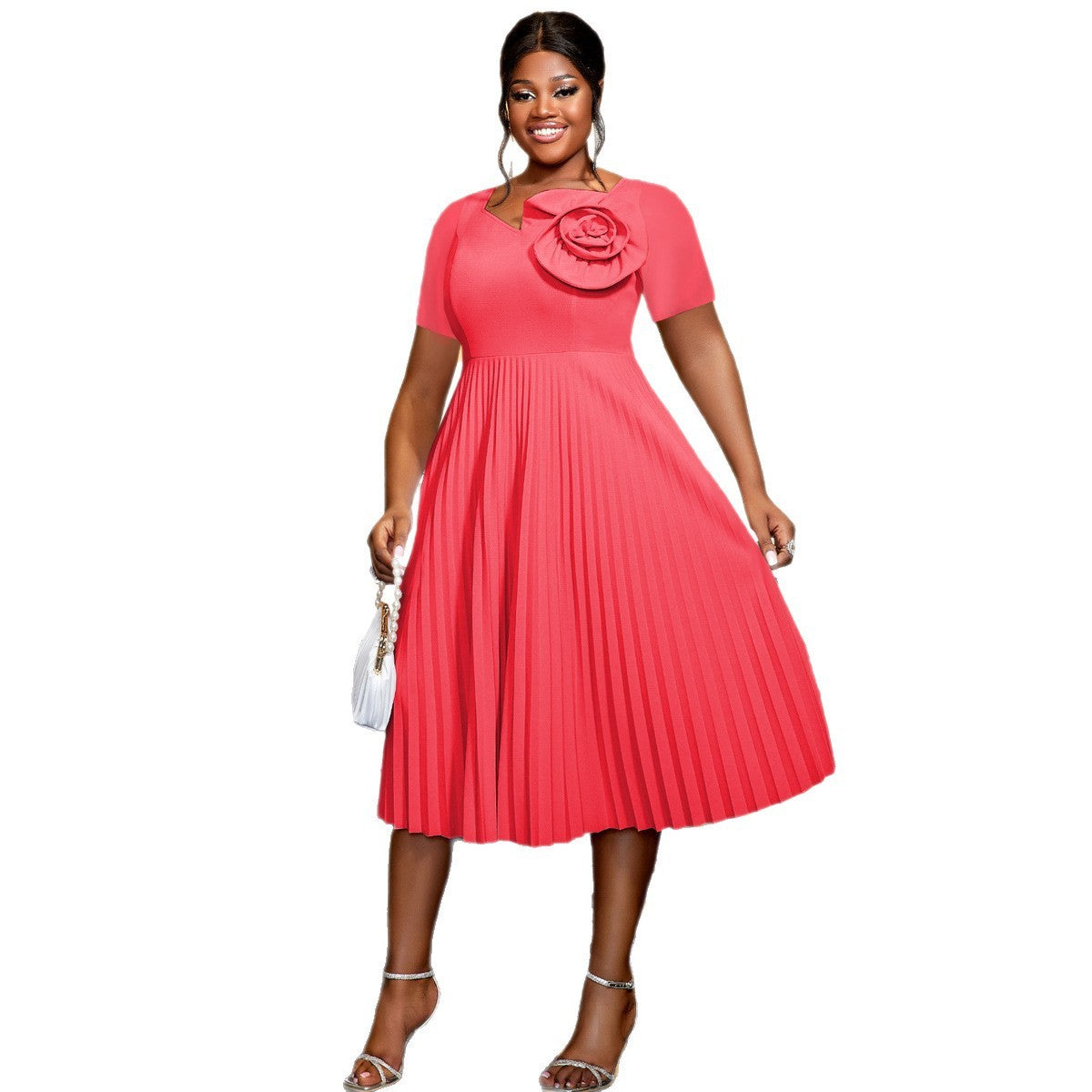 Women's Watermelon Red Short-sleeved Lace Mid-length Summer Pleated Dress