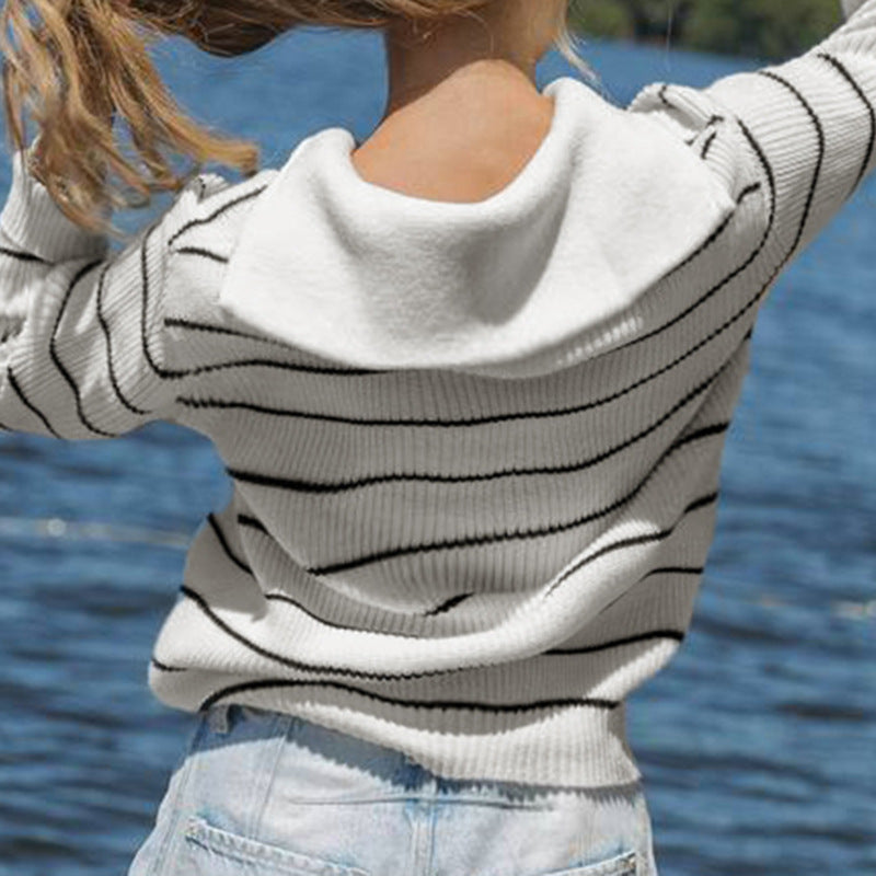 European and American Fashion Casual Striped Sweater with Lapel Collar