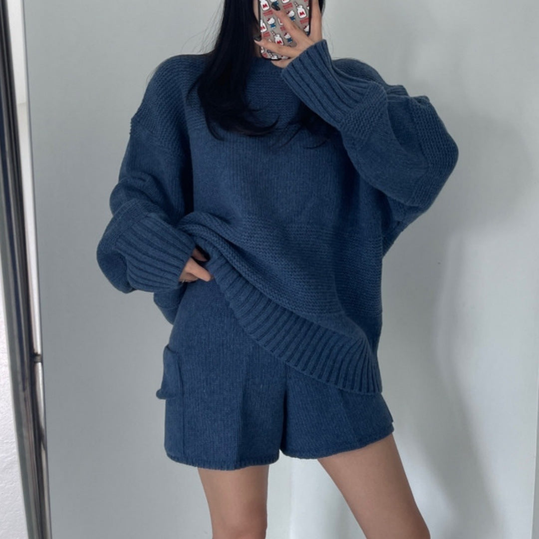 Fitted Long Sleeve Sweater with High-Waist Wide-Leg Shorts