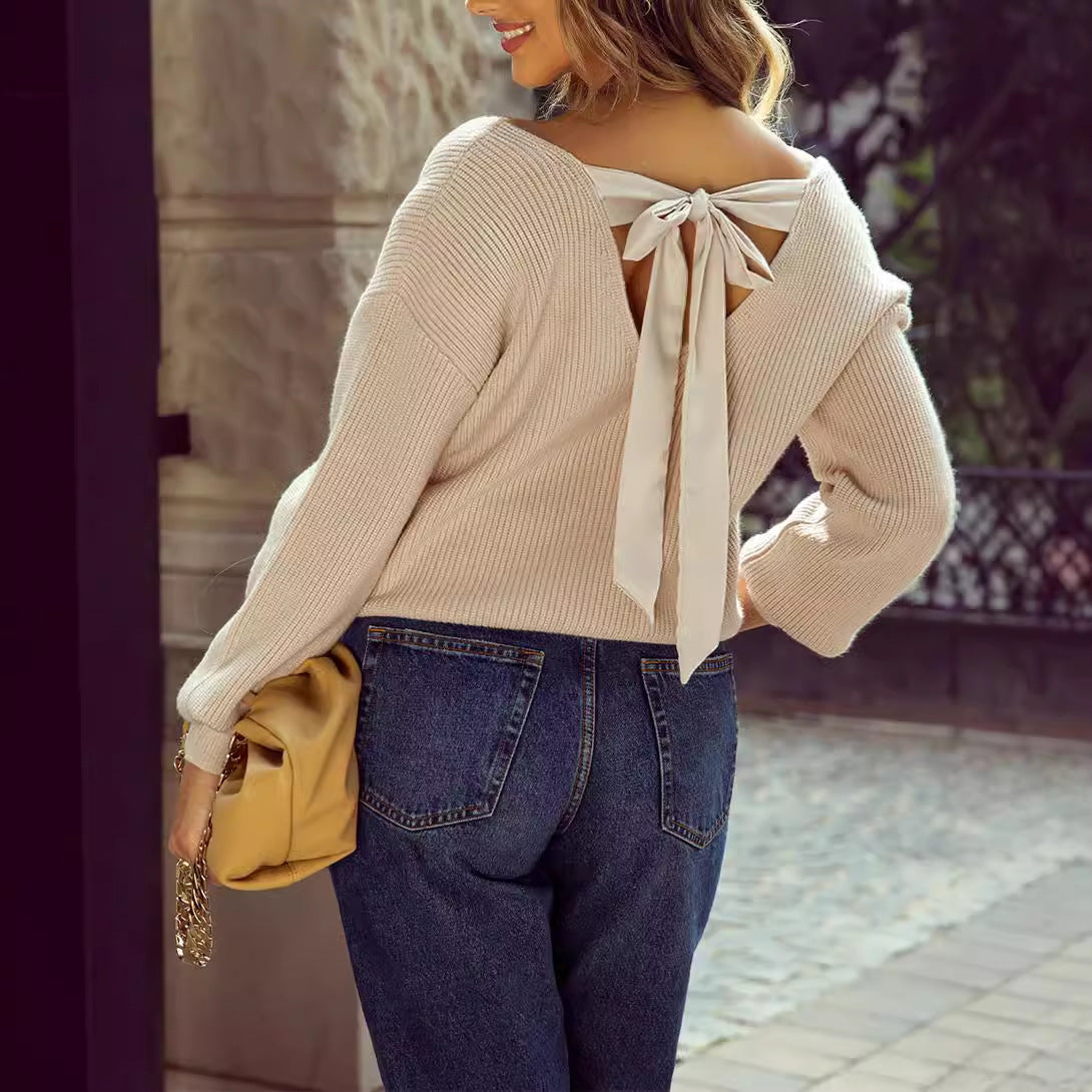 Women's Solid Color Long Sleeve Sweater - Casual Loose Fit with Bow Detail