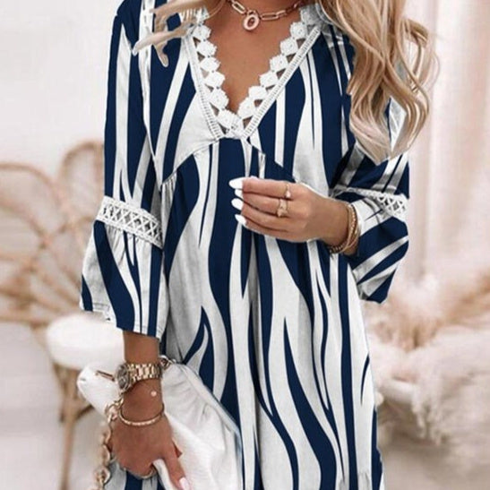 Spring Printed Lace Stitching Bohemian Casual Vacation Style Dress