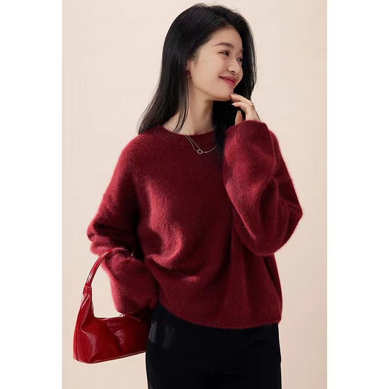 Red Pullover Women's Fall and Winter Mid-Length Comfortable Retro Slit Knit Sweater