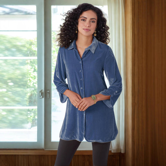 Gold Velvet Bell Sleeve Shirt With Lapel Slit Button Front Casual And Loose