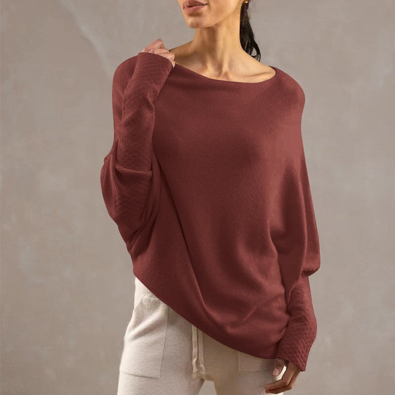 Solid Color Off-Shoulder Pullover Knitted Loose Sweater