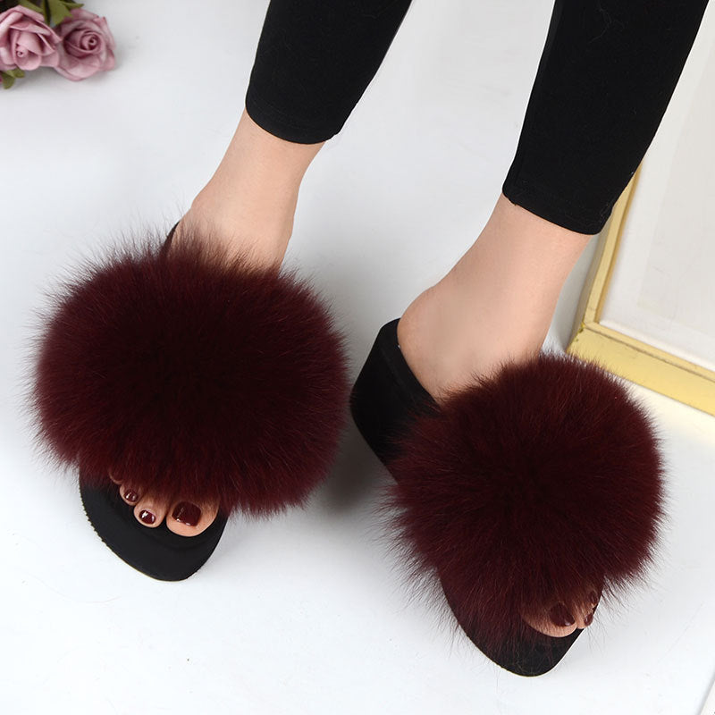 New Fox Fur Women Sandals Height Increasing Casual