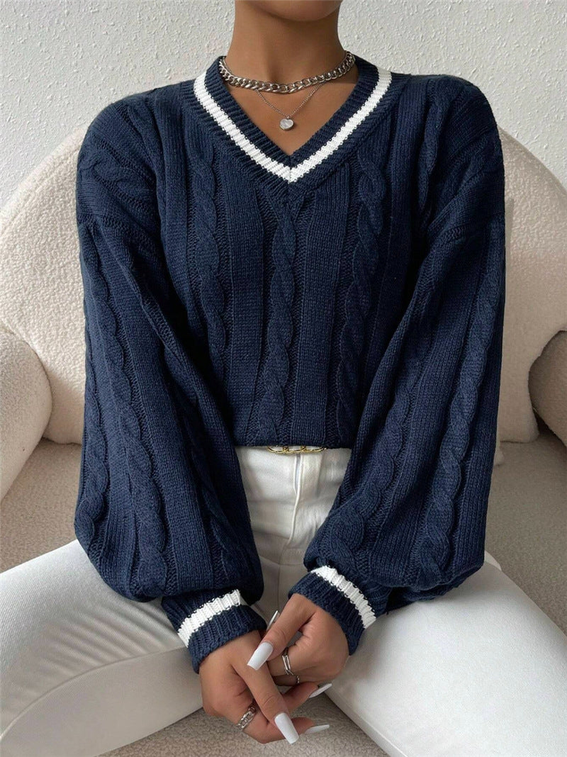 Autumn and Winter Contrast Color Twisted V-Neck Loose Women's Sweater