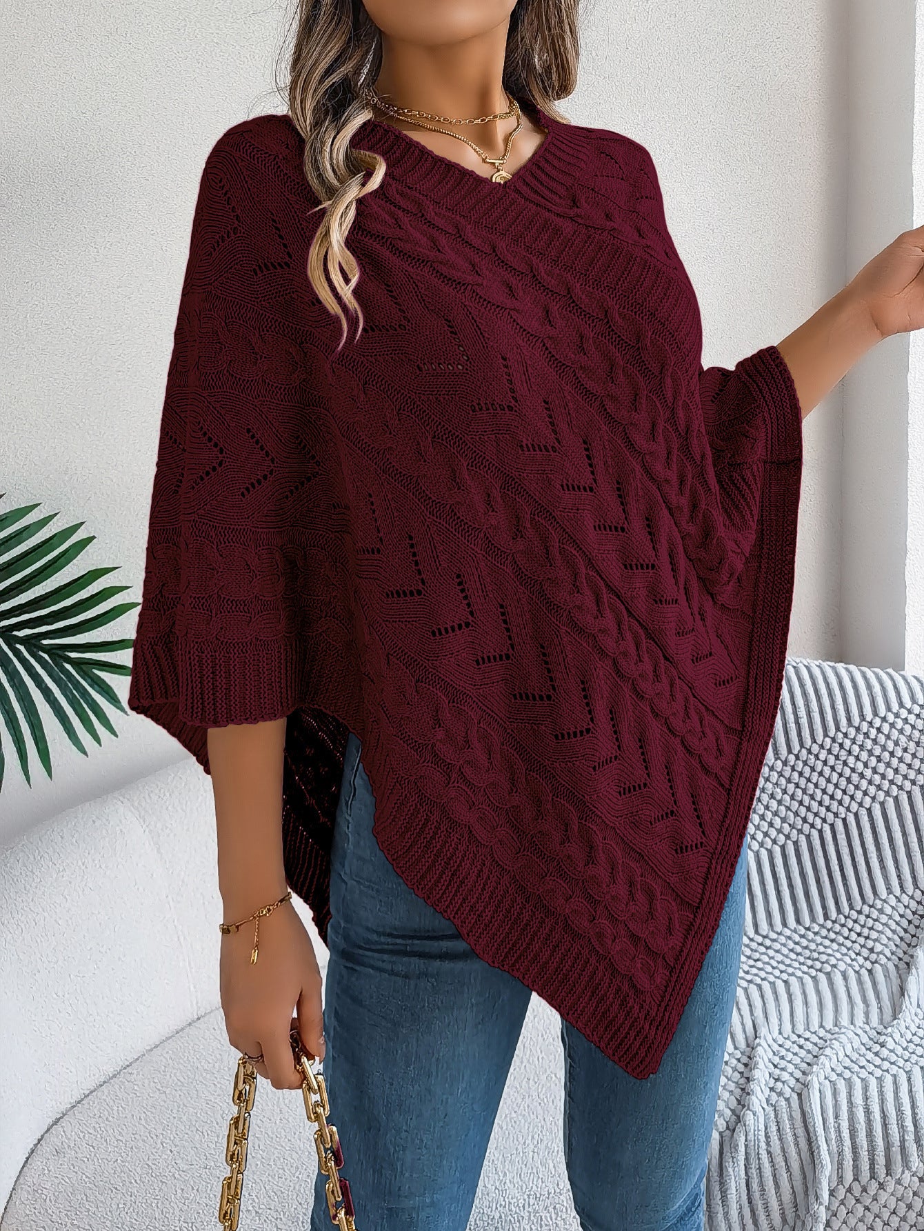 Women's Cable Knit Loose-Fit Cloak Sweater Coat