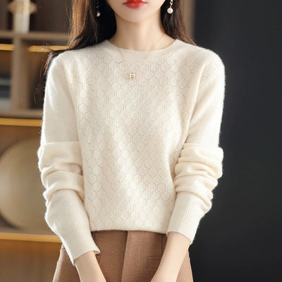 Women's Pure Wool Round Neck Pullover Sweater - Loose Fit