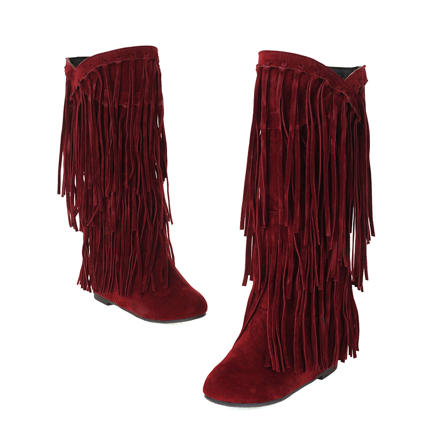 Autumn and Winter Tassel Round Toe Invisible Elevated Casual High Leg Boots for Women