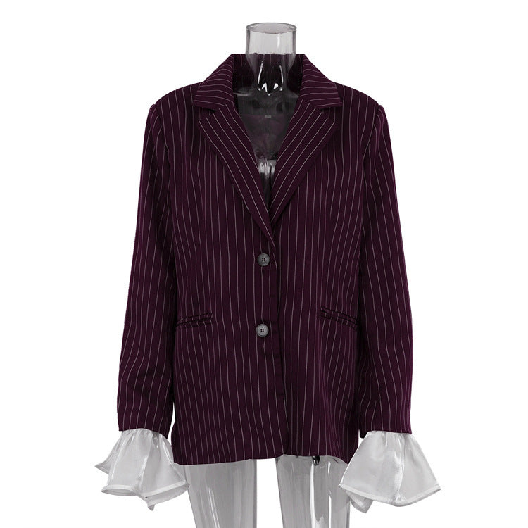 Lace Bell Sleeve Loose Casual Striped Blazer – Stylish and Comfortable