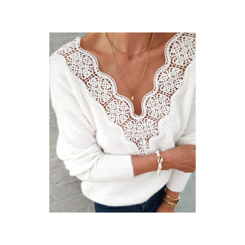 White Lace V-Neck Sweater – Warm and Elegant Top for Women