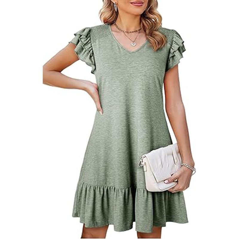 Women's V-Neck Ruffled Loose-Fit Waist Short Sleeve Dress