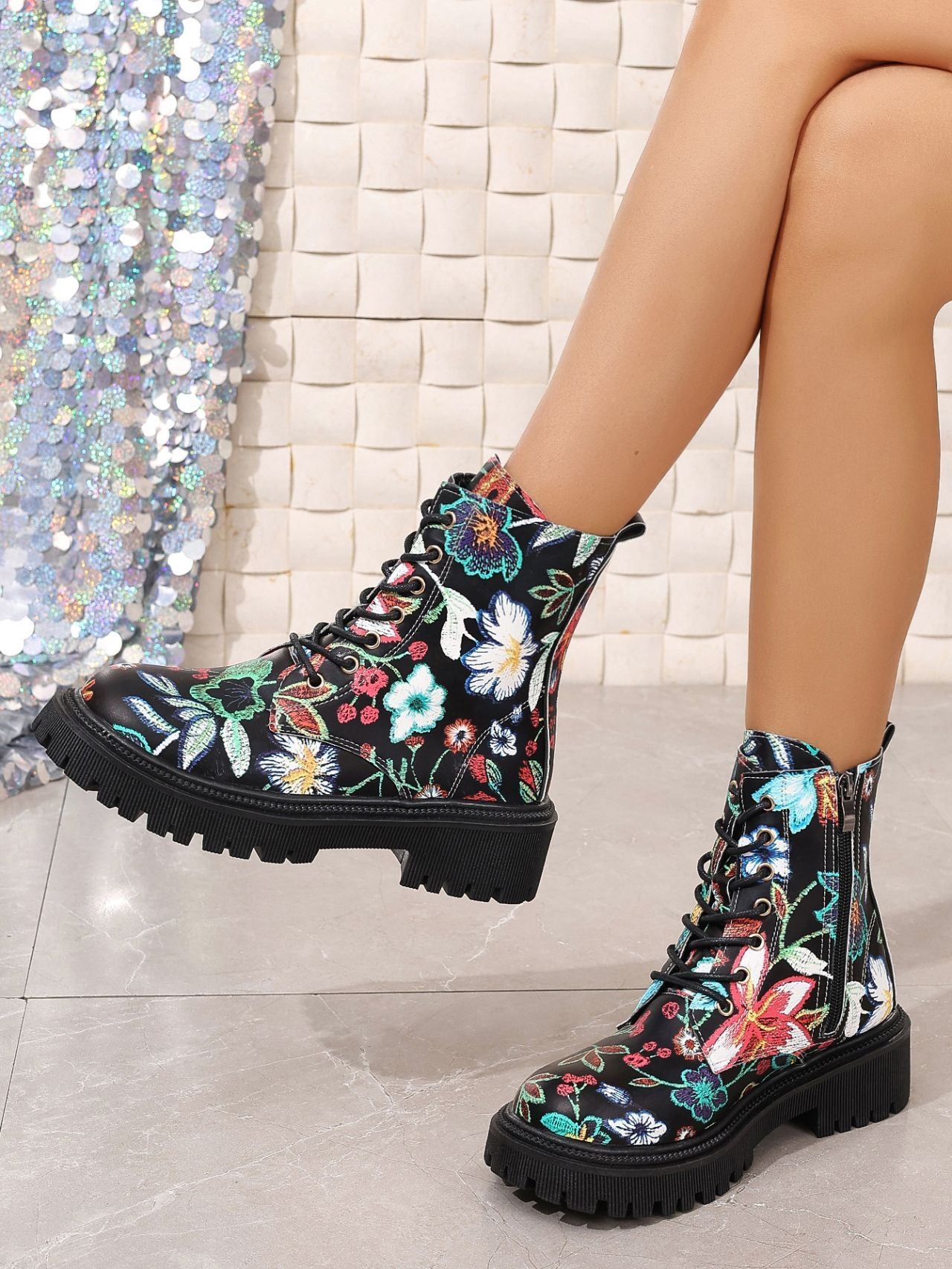 Women's Multicolor Printed Flat Low-Heel Martin Boots