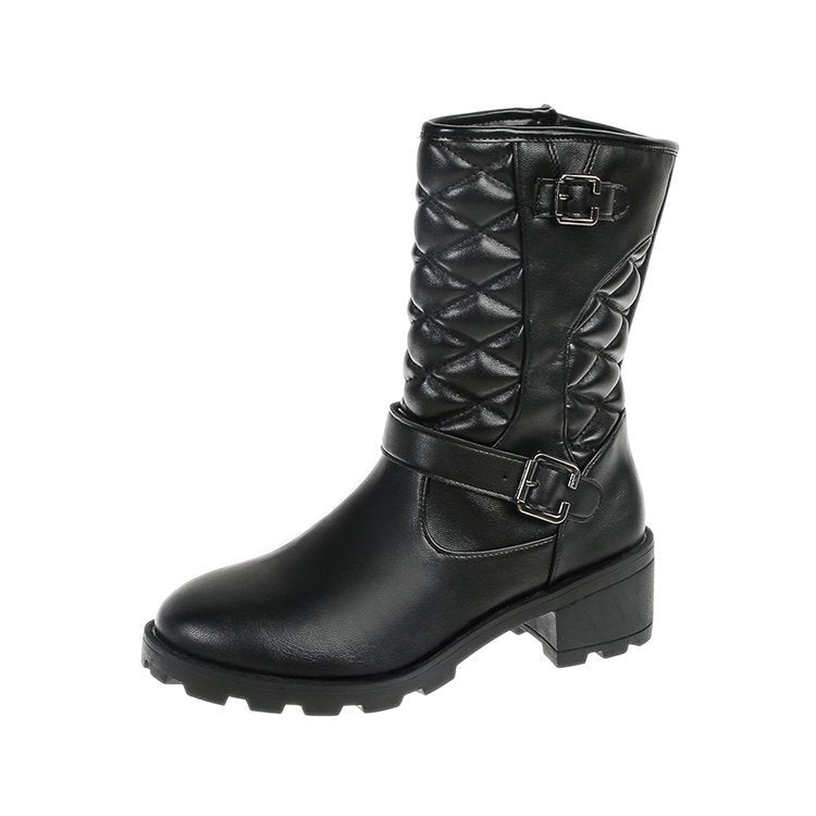 Winter Plus-Size Mid-Calf Boots for Women with Chunky Heel and Pointed Toe