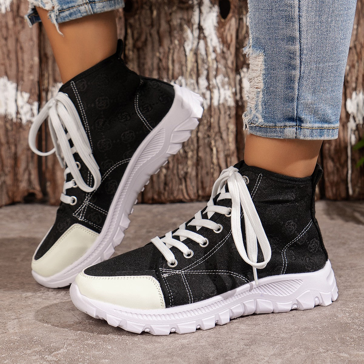 Women's Rose-Printed Lace-Up Boots – Fashionable, Breathable Canvas Sports Shoes