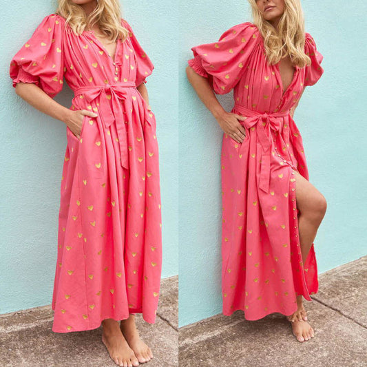 New Summer Oversized Pattern Print Short Sleeve Cardigan Maxi Dress