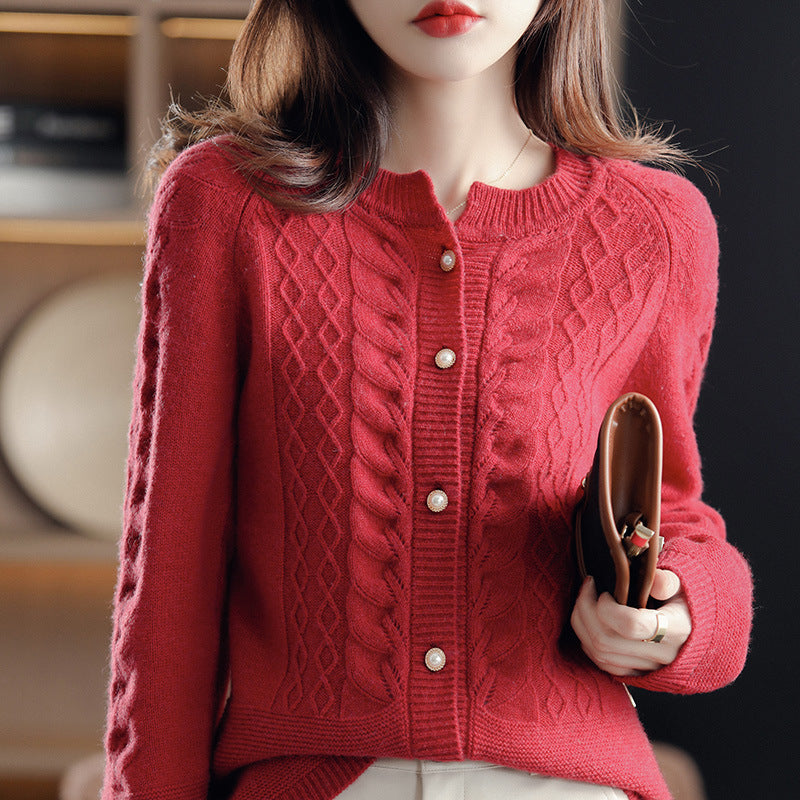 Women's Round Neck Pure Wool Knit Cardigan – Long Sleeve, Casual and Simple Design