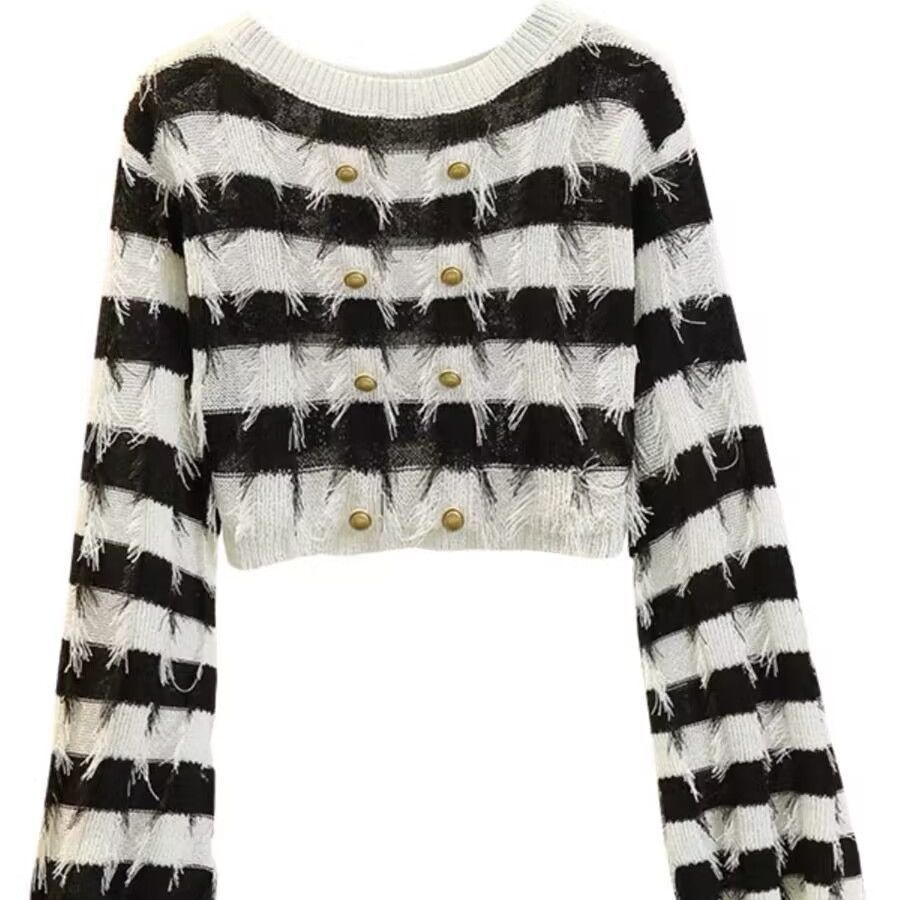 Striped French-Inspired Long Sleeve Short Top with Tassel Design