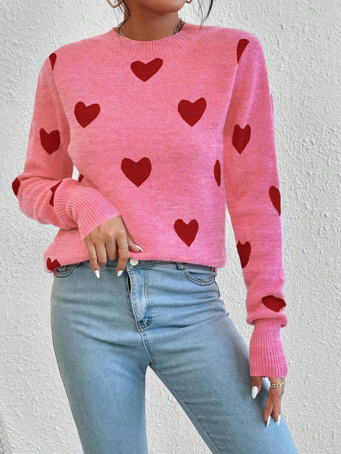 Leisure Heart Jacquard Long Sleeve Crew Neck Pullover Sweater for Women