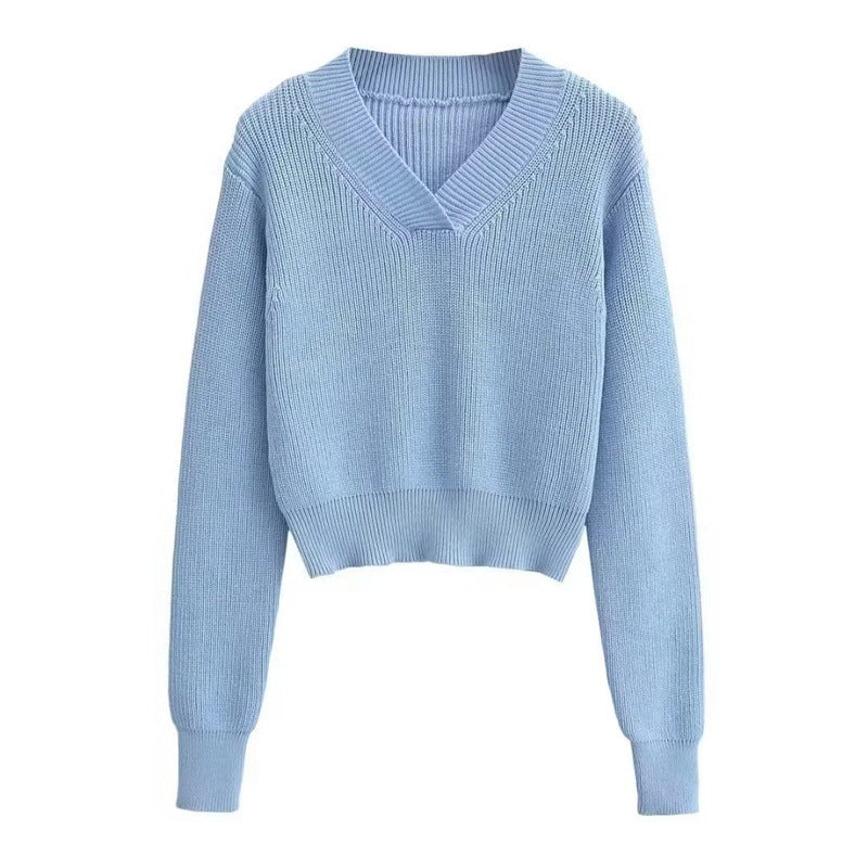 Women's V-Neck Chunky Knit Cropped Pullover Sweater for Autumn and Winter