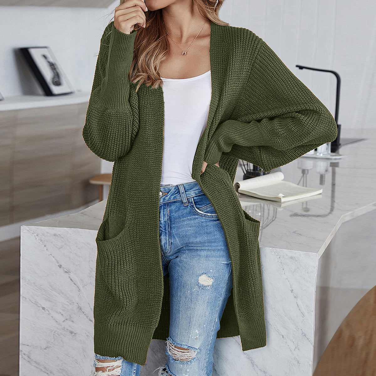 Women's Solid Color Knitted Sweater Cardigan Coat with Pockets