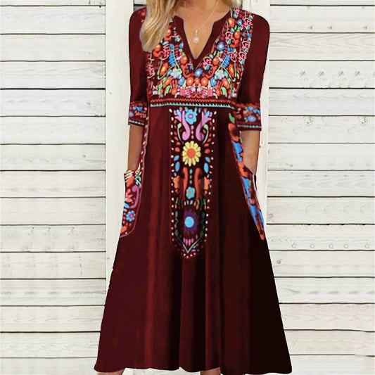 Women's Bohemian Printed Dress with 3/4 Sleeves and Pockets