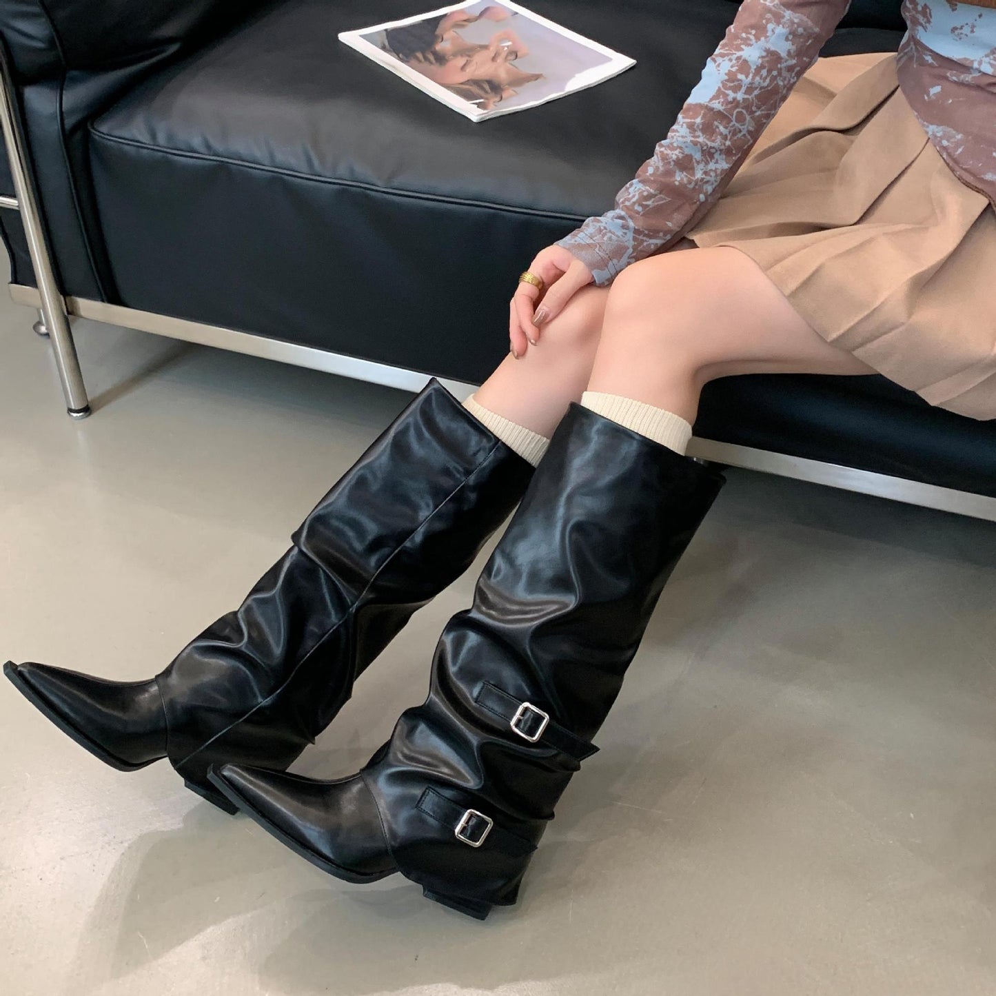 Pointed Toe Buckle Pleated Knee-high Boots – Punk Style Mid Heel Pile Boots