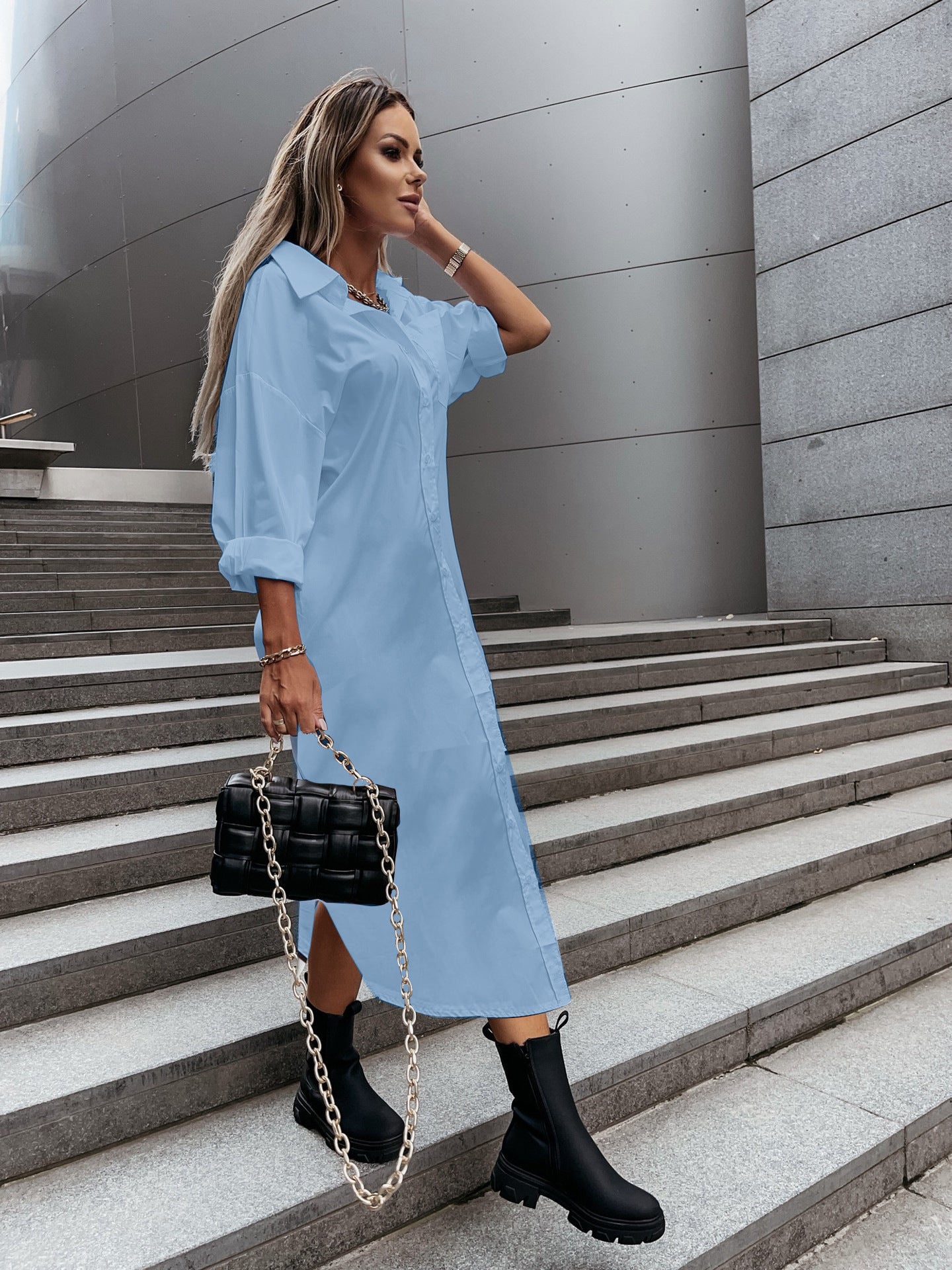 Autumn Fashionable With Side-slit Loose Casual Solid Color Shirt Dress