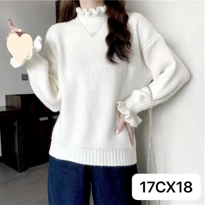 Red Wooden Ear Half Turtleneck High-Quality Sweater