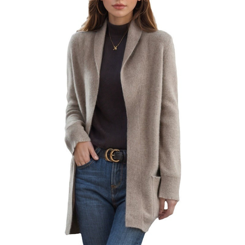 New Polo Collar Solid Color Long-Sleeved Knitted Cardigan with Pockets for Women