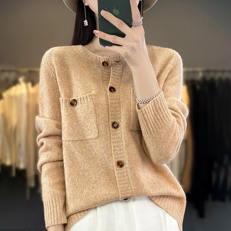 Round Neck Loose-Fitting Slimming Wool Base Shirt with Long Sleeves