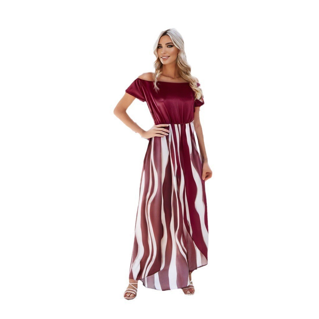 Off-the-Shoulder Zebra Pattern Dress with Waist Trimming, Short Sleeves