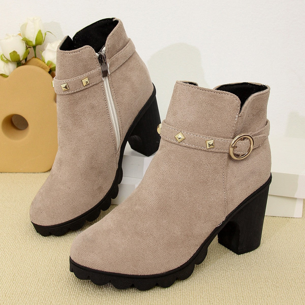 High Heel Women's Chunky Heel Round Toe Ankle Boots with Side Zipper